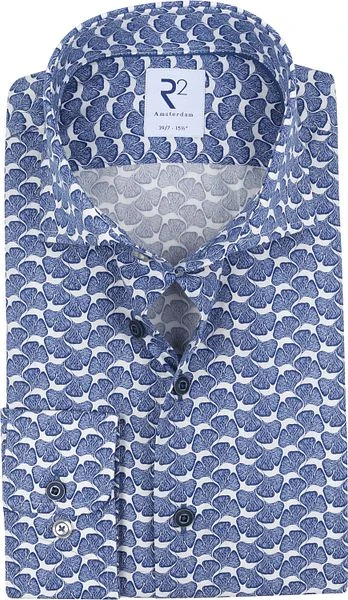 R2 Overhemd Extra Long Sleeve Planten Print Blauw