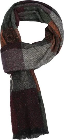 Suitable Herensjaal Wolmix Cubes Groen Rood Grijs