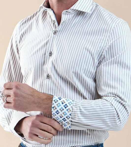 R2 Overhemd Strepen Beige - Afbeelding 3